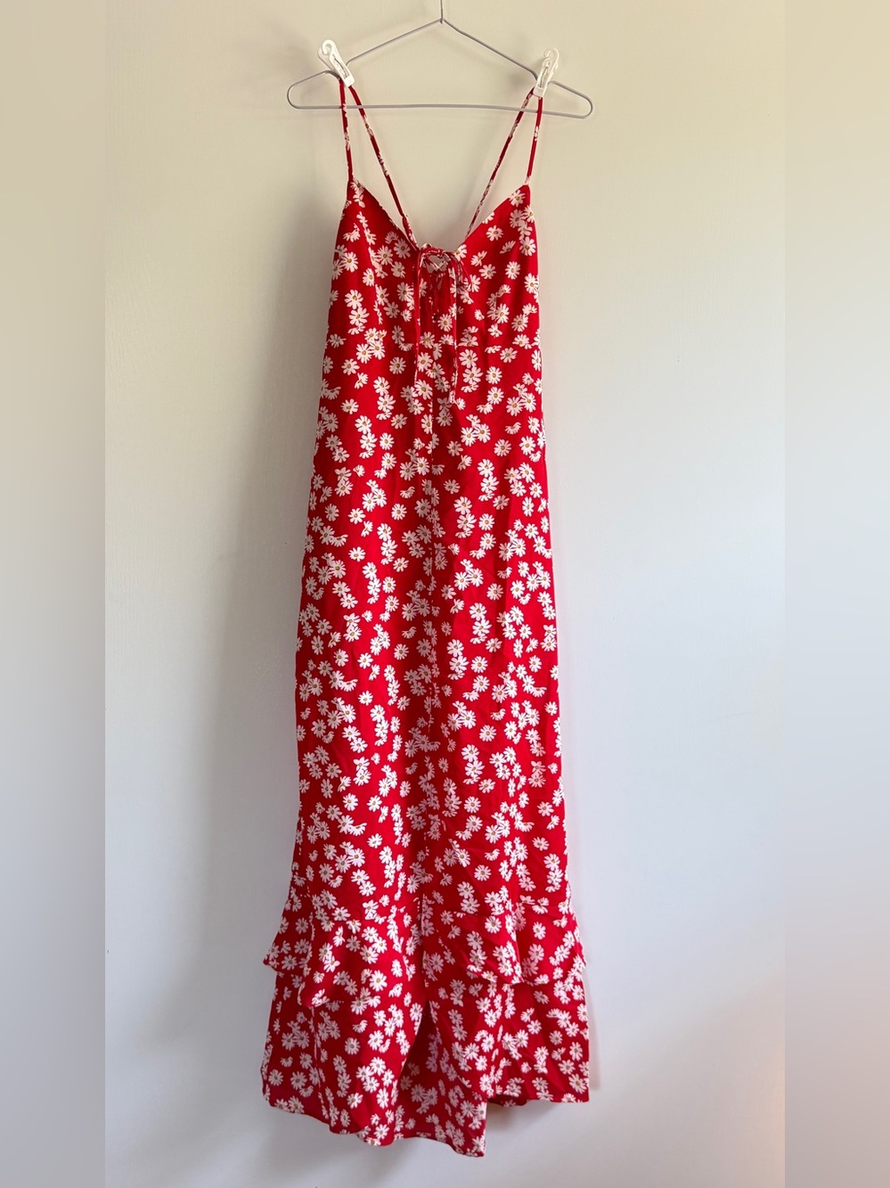 THML Red Floral Daisy Slip Dress with Ruffle Hem Lace Up Front Hi Low